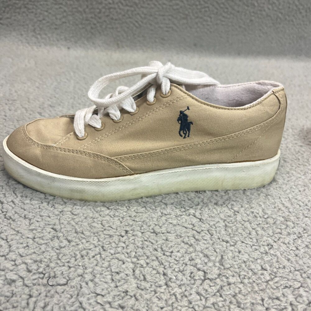POLO RALPH LAUREN Canvas Boat Shoes Mens 7B Khaki Tan Lace Up Sneakers Blue Pony